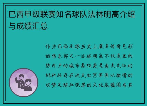 巴西甲级联赛知名球队法林明高介绍与成绩汇总